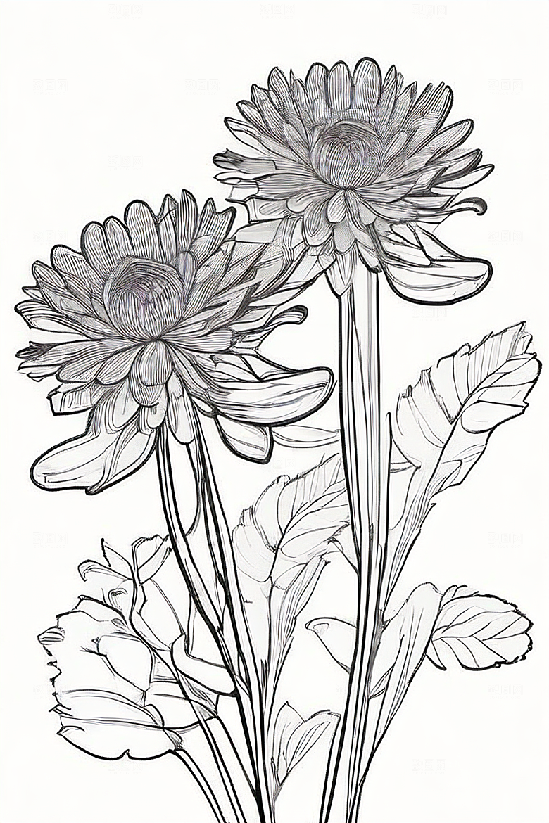 插画艺术纯白背景的孤立菊花