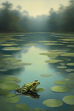 静默池畔青蛙与水下舞动的鱼群的和谐共生