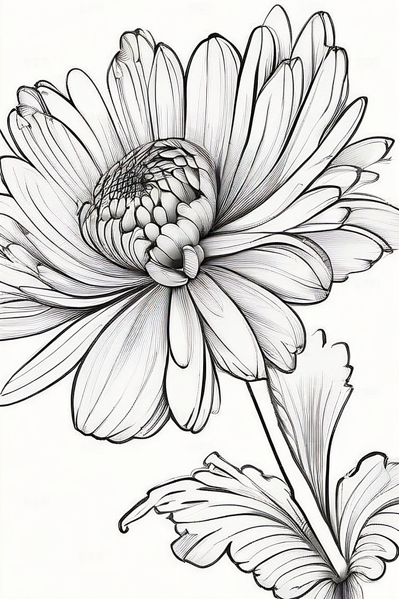 插画艺术纯白背景的孤立菊花