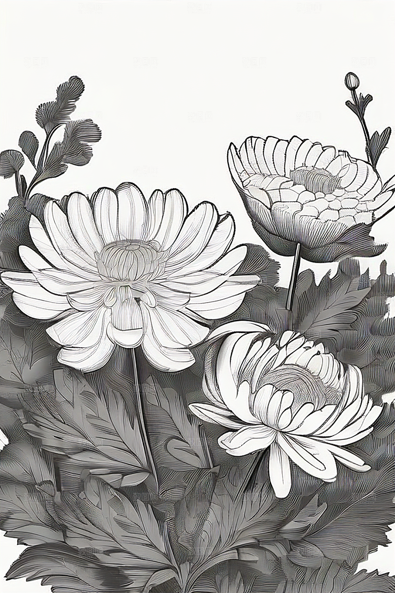 菊花线描作品细腻优雅的轮廓