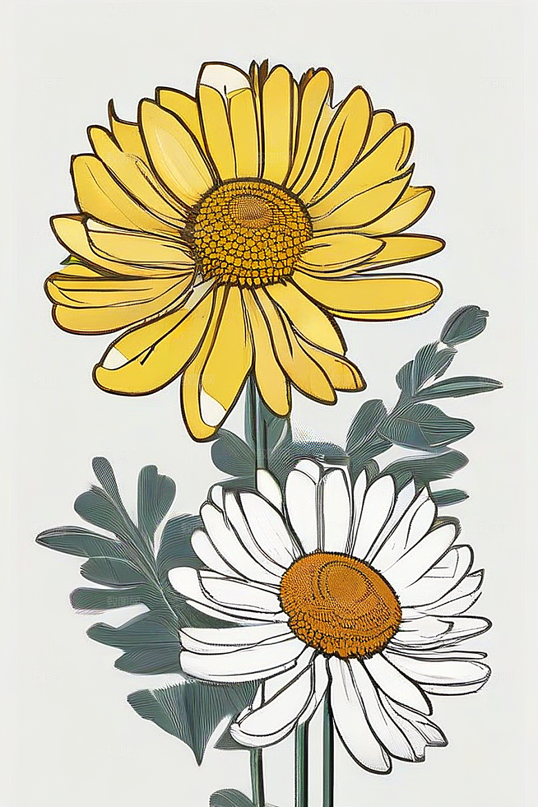 手绘植物插画纯白背景菊花