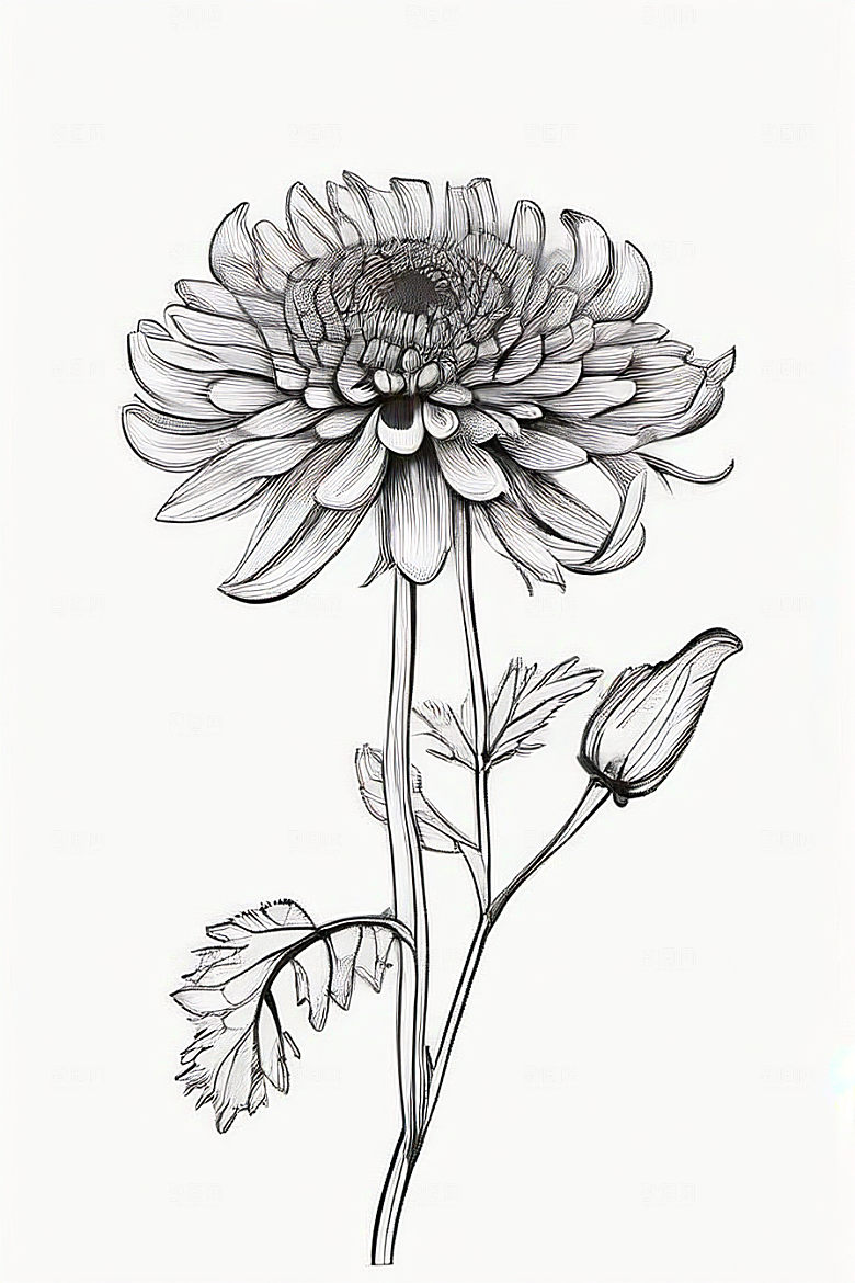 简洁线条勾勒的菊花插画