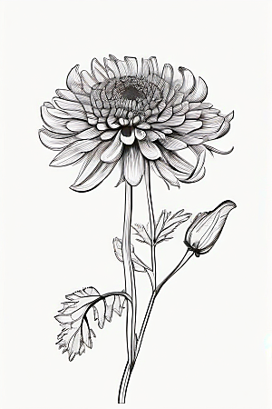 简洁线条勾勒的菊花插画