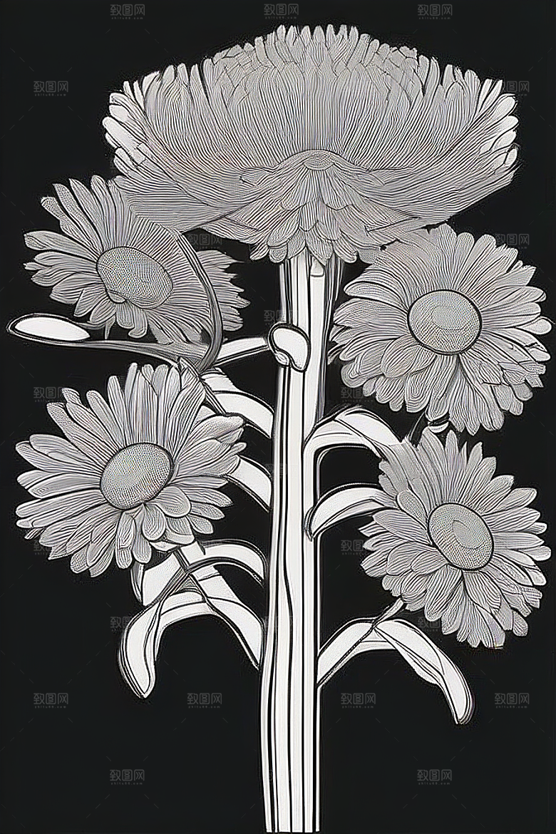 简洁线条勾勒的菊花插画
