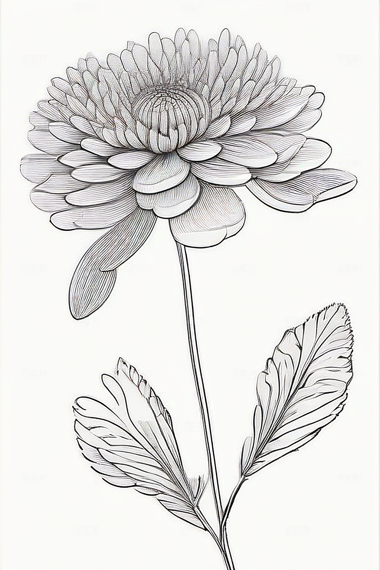简洁线条勾勒的菊花插画
