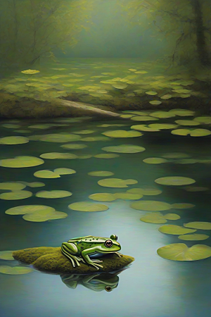 静默思考青蛙与池塘中舞动的鱼群