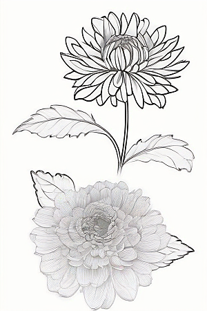 手绘线描的菊花植物插画