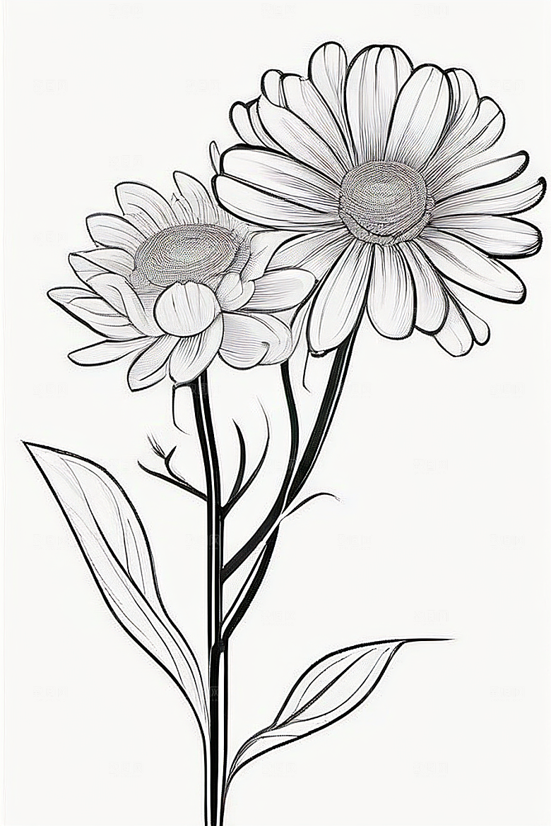 手绘线描的菊花植物插画