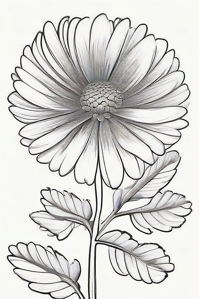 手绘线描的菊花植物插画