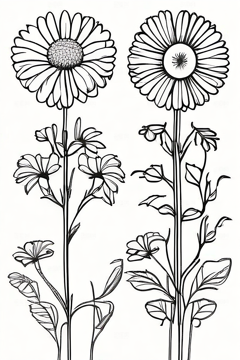 手绘线描的菊花植物插画
