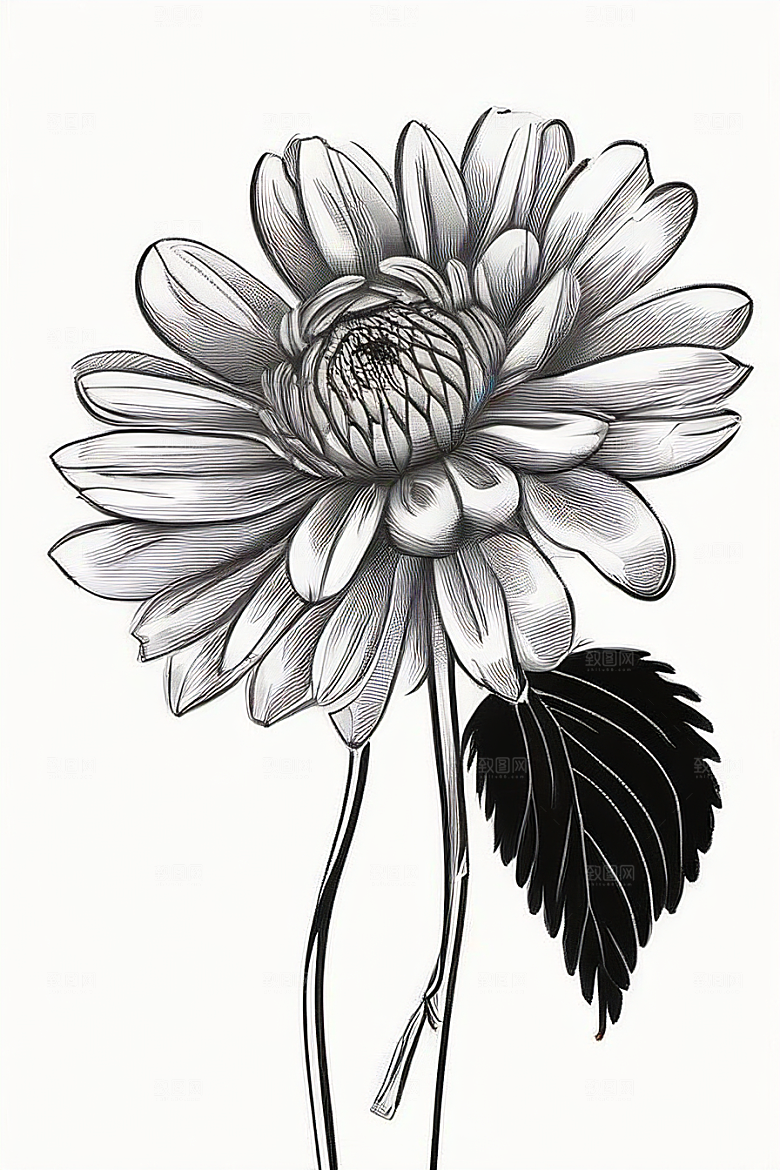 手绘线描的菊花植物插画