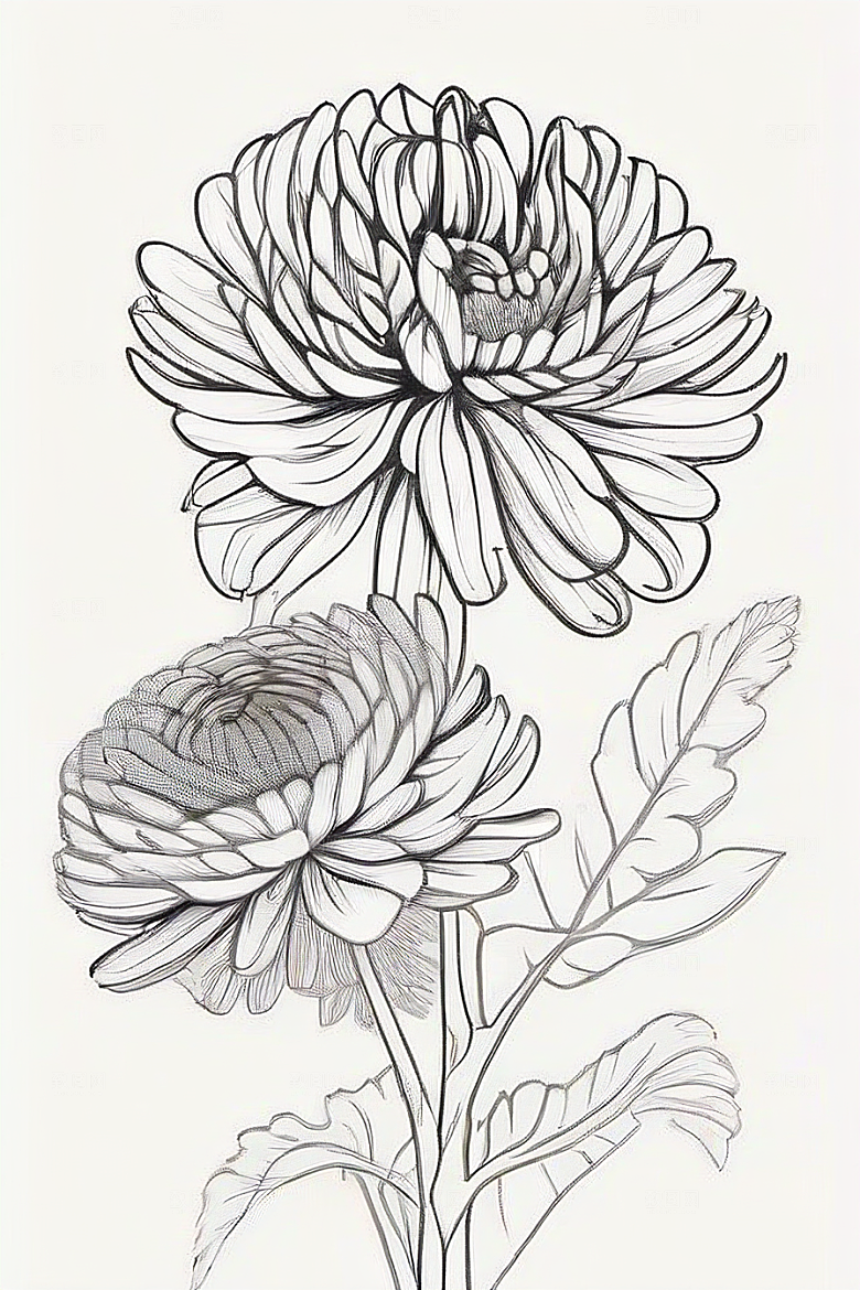 手绘线描的菊花植物插画