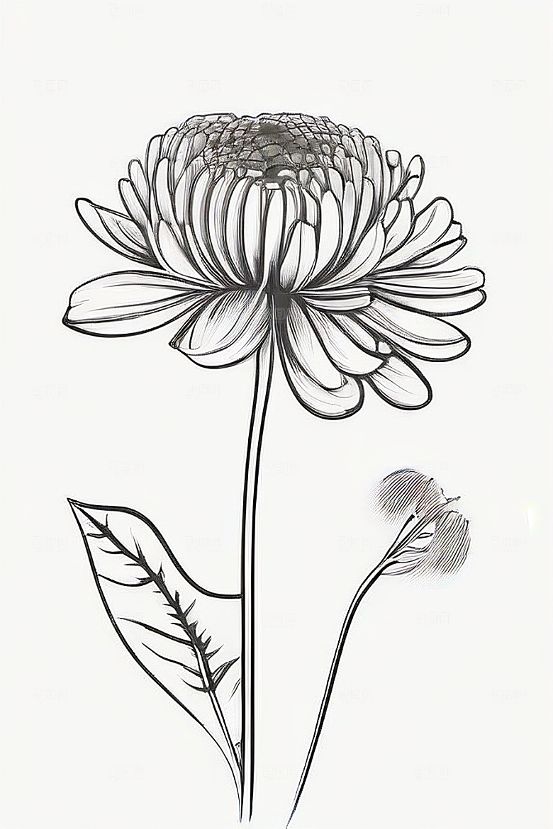 手绘线描的菊花植物插画