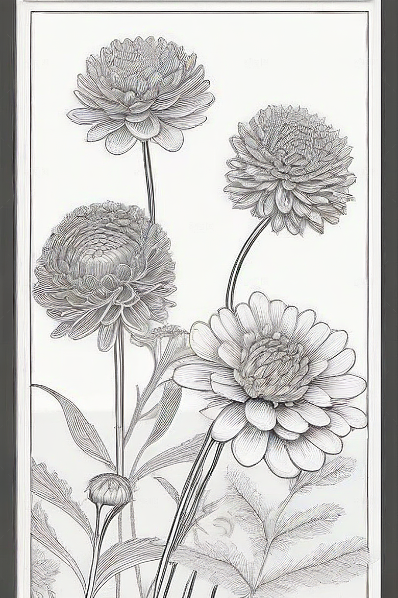 手绘线描的菊花植物插画