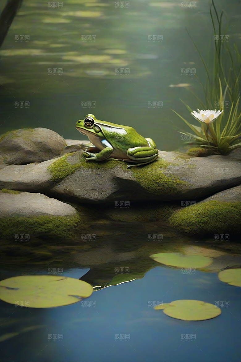 静默观察青蛙与水下鱼群的和谐共舞