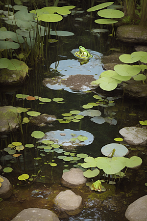 静默思索青蛙与池塘中舞动的鱼群的和谐共生