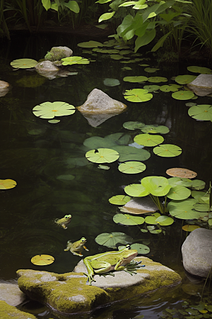 静默思索青蛙与池塘中舞动的鱼群的和谐共生