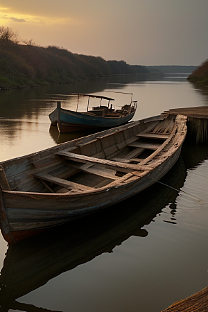 河上飘荡木船的颓废之美