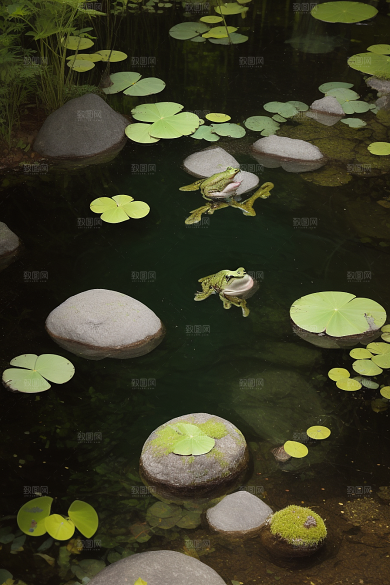 静默池畔青蛙与水下舞动的鱼群的和谐共生
