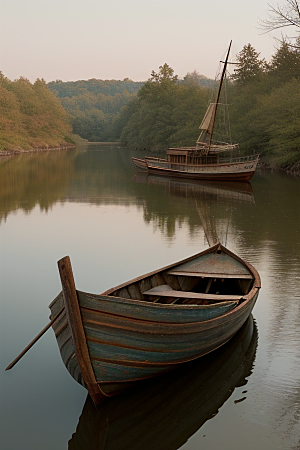 木船漂流宁静与怀旧的画面