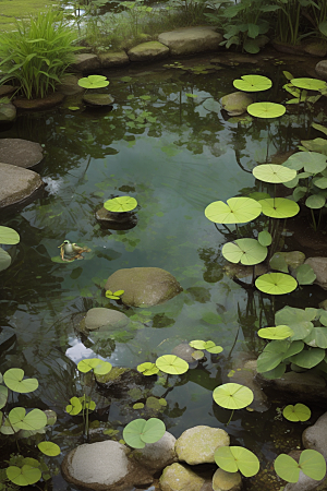 静默思考青蛙与池塘中舞动的鱼群