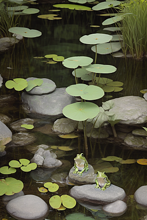 池畔观察静默观察的青蛙与舞动的鱼群