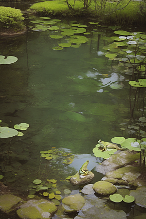 静谧池畔静默观察的青蛙