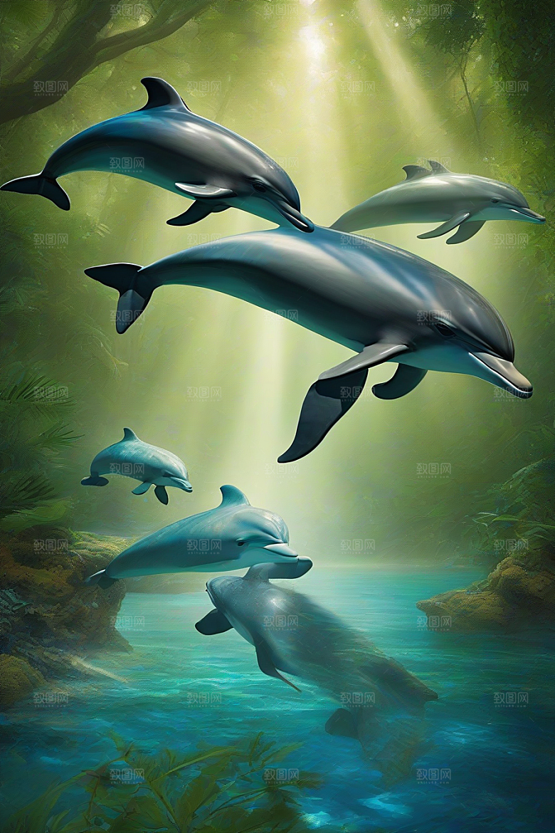 潮水般的灵动海豚在海岸森林中的动感展示