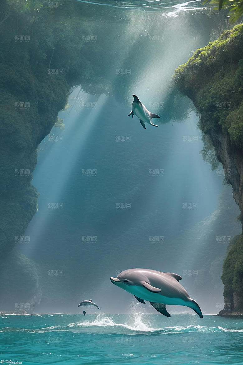 潮水般的灵动海豚在海岸森林中的动感展示