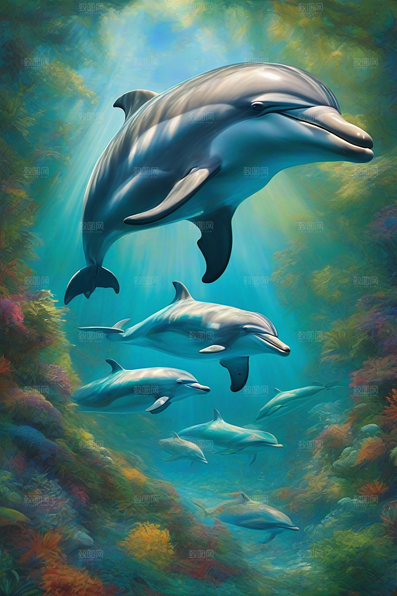 潮水般的灵动海豚在海岸森林中的动感展示