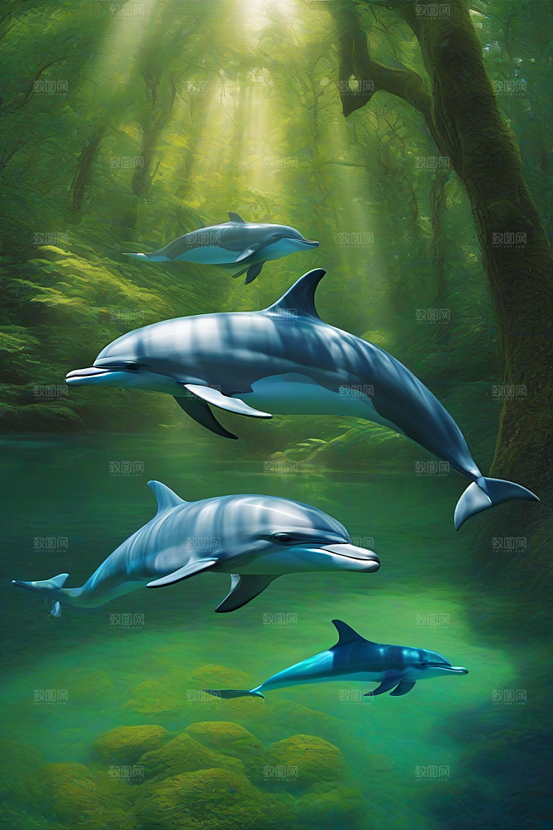 海豚的欢乐之舞海岸森林中的动感狂欢