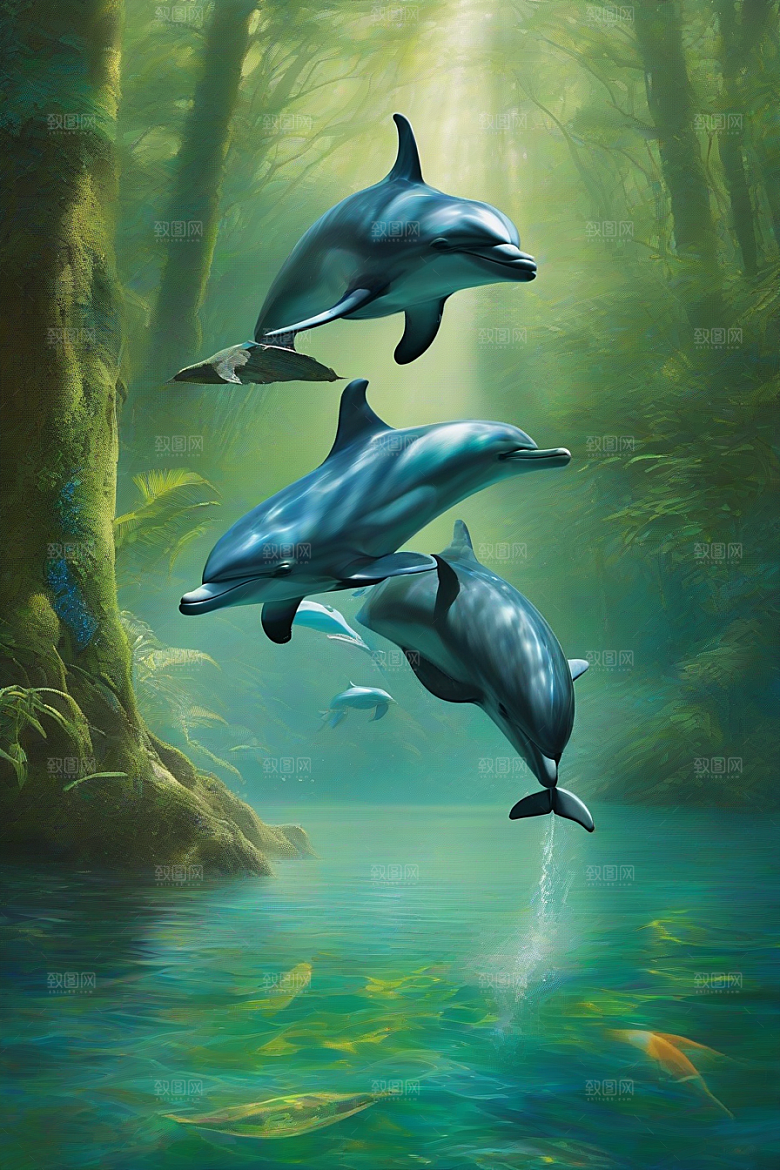 海豚的欢乐之舞海岸森林中的动感狂欢