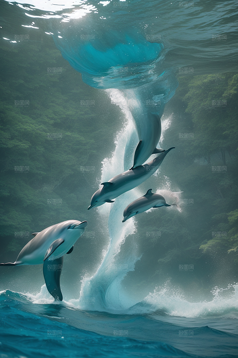 海豚的欢乐之舞海岸森林中的动感狂欢