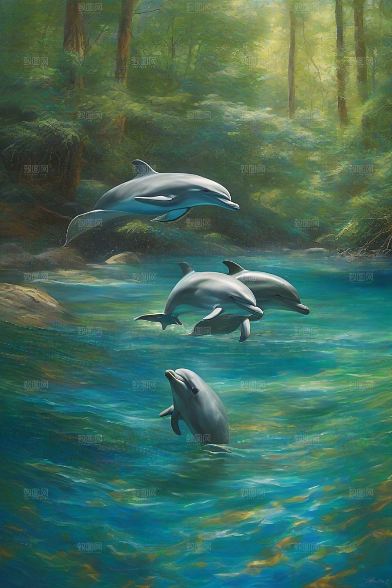 海豚的欢乐之舞海岸森林中的动感狂欢