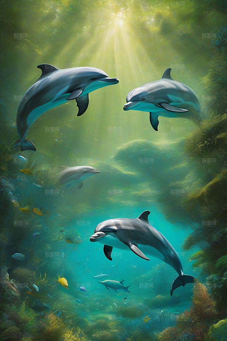 海豚的欢乐之舞海岸森林中的动感狂欢