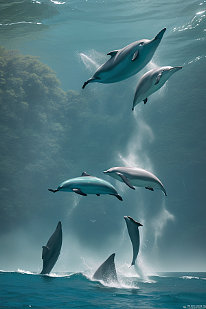 海豚的跳跃奇观海岸森林中的生命活力