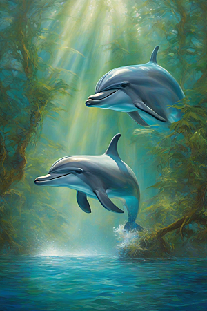 海豚的跳跃奇观海岸森林中的生命活力