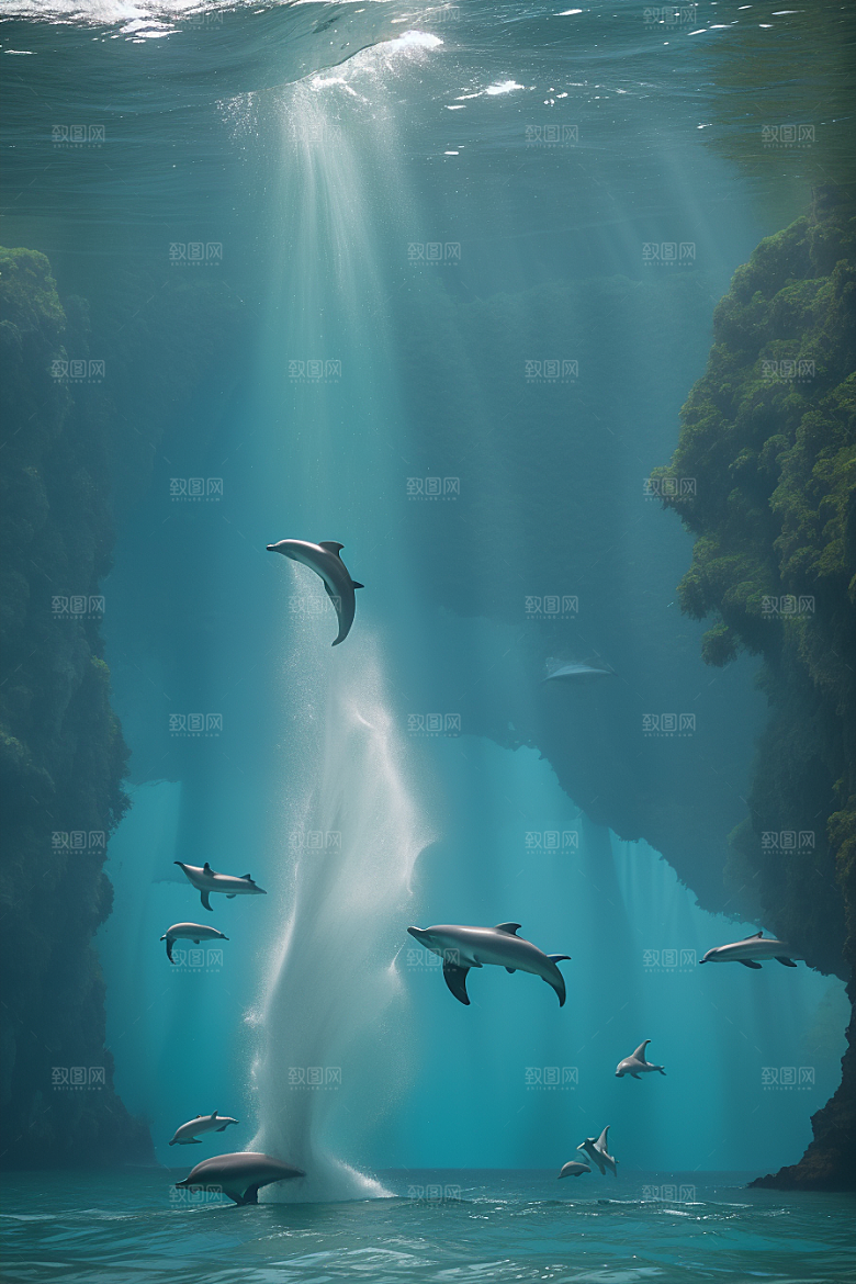 清新的海洋世界海豚与海岸森林的互动盛宴