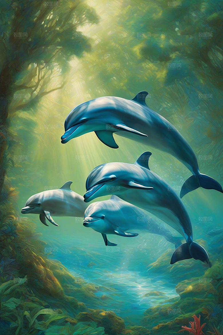 清新的海洋世界海豚与海岸森林的互动盛宴