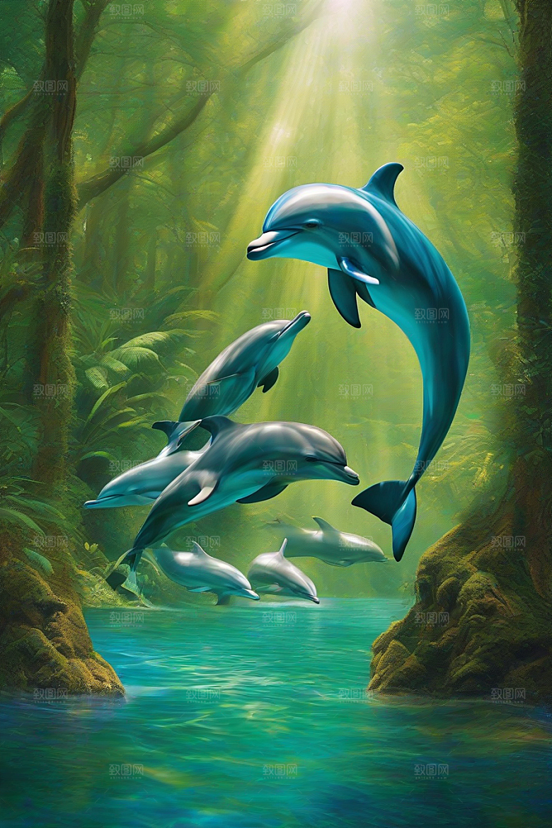 清新的海洋世界海豚与海岸森林的互动盛宴