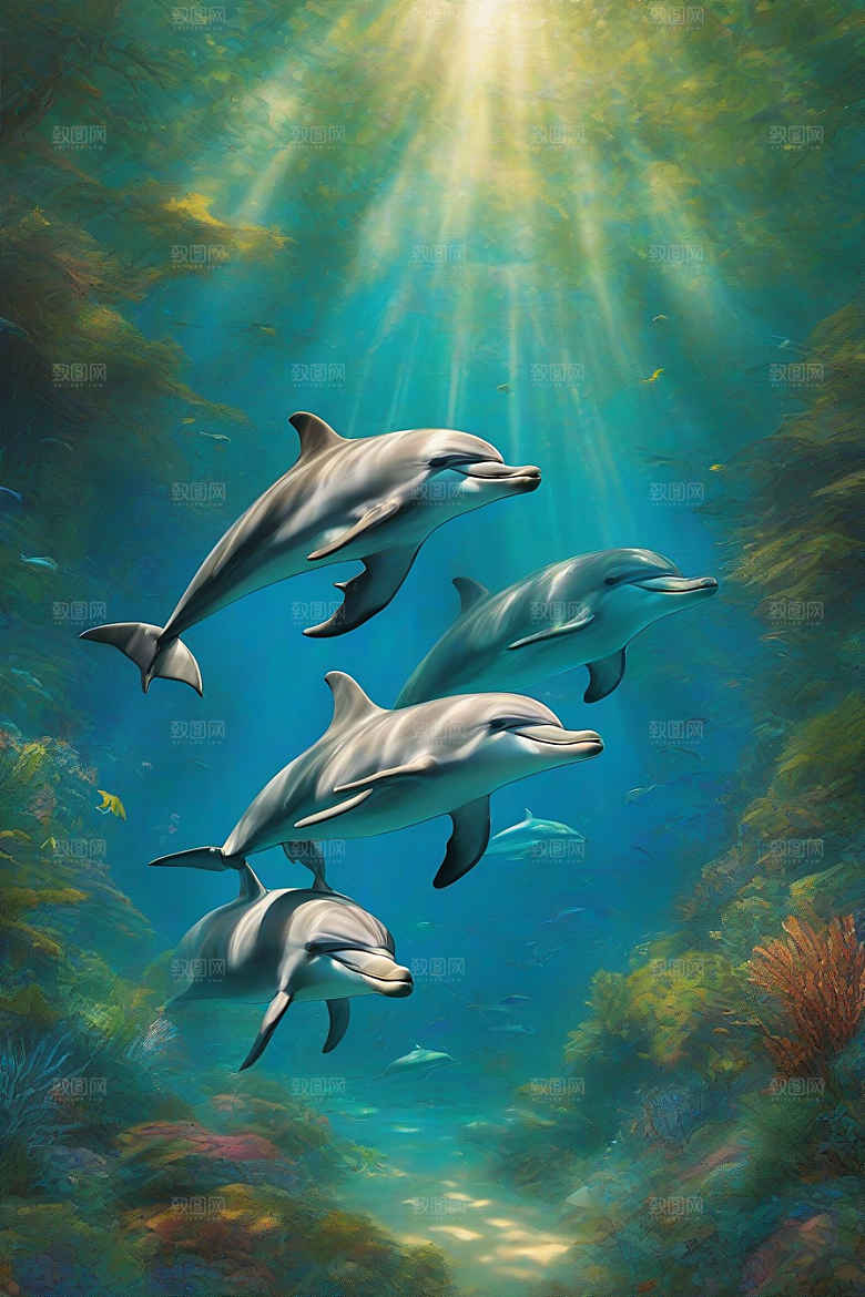 清新的海洋世界海豚与海岸森林的互动盛宴