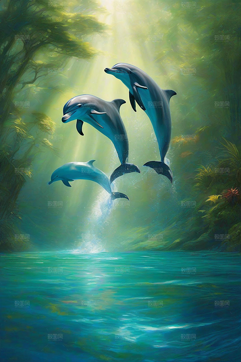 清新的海洋世界海豚与海岸森林的互动盛宴