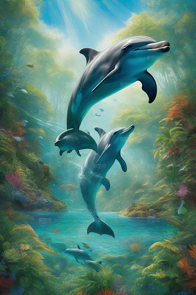 清新的海洋世界海豚与海岸森林的互动盛宴