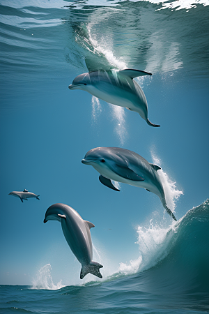 清新的海洋世界海豚与海岸森林的互动盛宴