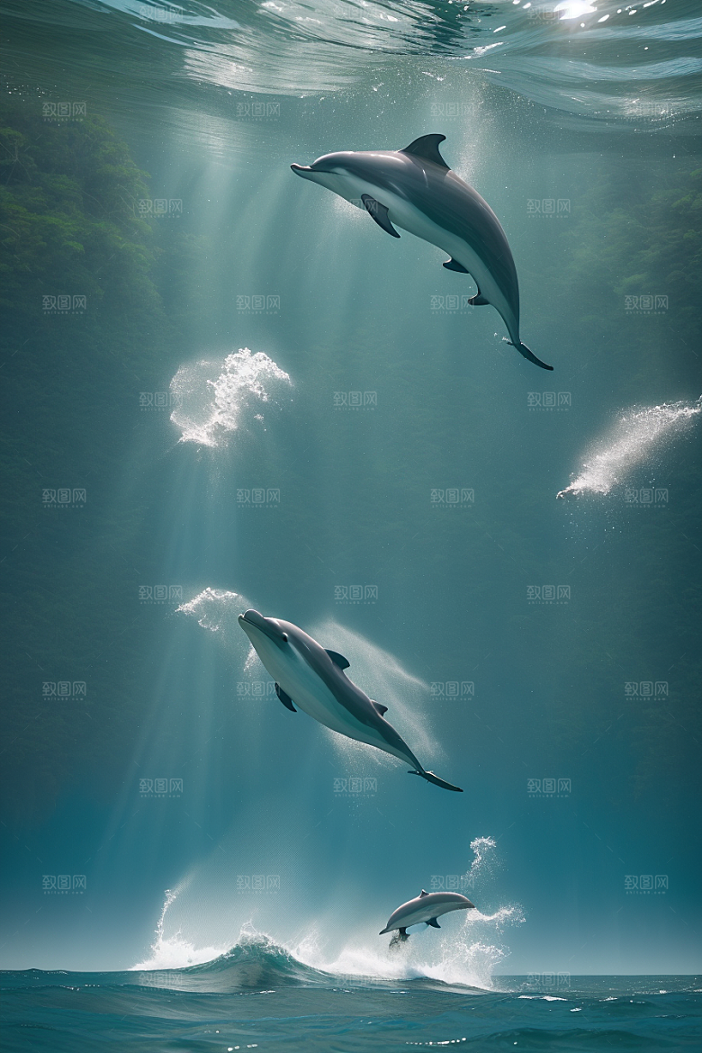 清新的海洋世界海豚与海岸森林的互动盛宴
