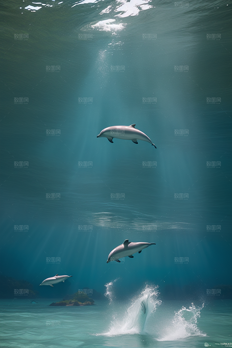 清新的海洋世界海豚与海岸森林的互动盛宴