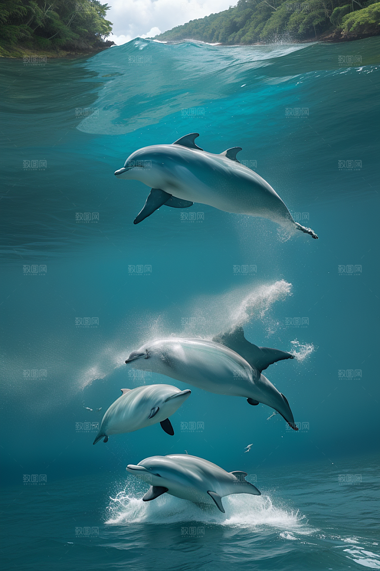清新的海洋世界海豚与海岸森林的互动盛宴
