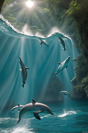 海豚的自由之舞海岸森林中的活力绽放