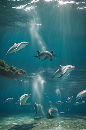 蓝与绿的交织海豚在海岸森林中的生动舞蹈