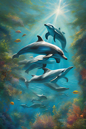 蓝与绿的交织海豚在海岸森林中的生动舞蹈